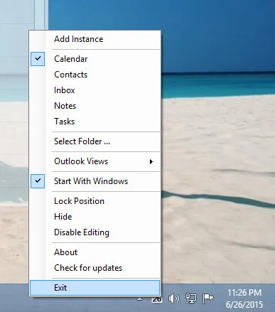 Outlook on the Desktop tray menu